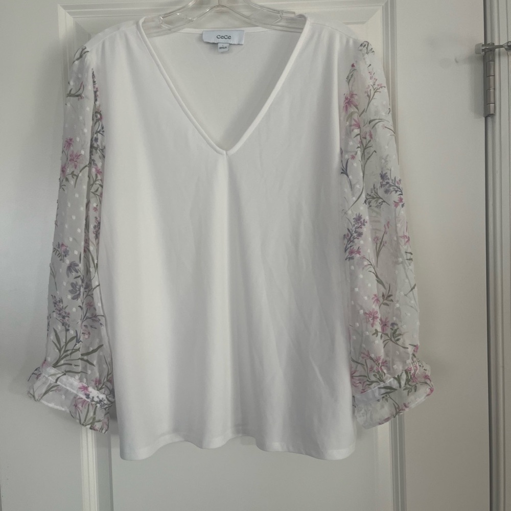 CeCe White Blouse with Floral Sleeves
